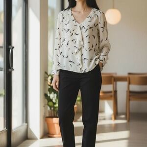 Jacque Vert Feather Print Blouse - Cream and Black Size 12